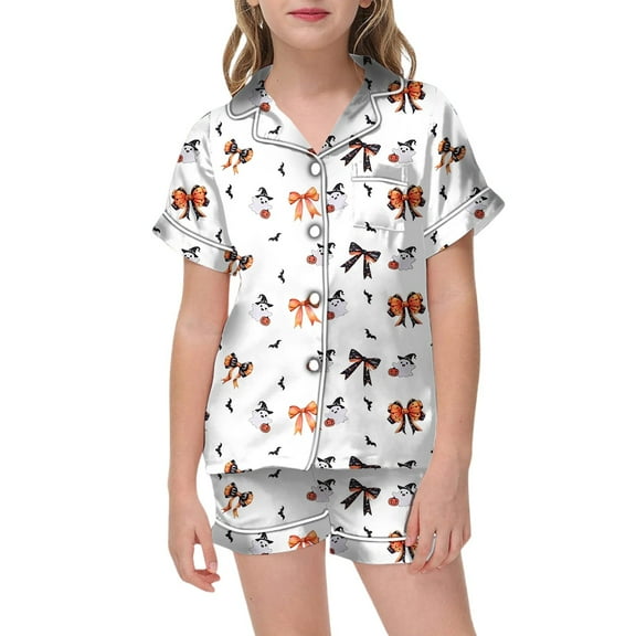 MEZZALL Children Halloween Pumpkin Pajama Sets Short Sleeve Lapel Blouse Tops Shorts Cozy For Little Kids Boho Baby Nightwear