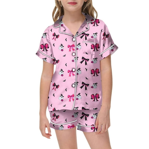 MEZZALL Children Halloween Pumpkin Pajama Sets Short Sleeve Lapel Blouse Tops Shorts Cozy For Little Kids Breathable Baby Nightwear