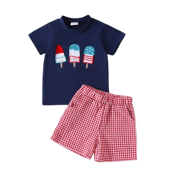 MEZZALL Children Ice Embroidery Round Neck Short Sleeve Plaid Shorts Two Piece Sets Unisex Kids Summer Outfits For Toddler Dailywear Trendy / 12-18 Months