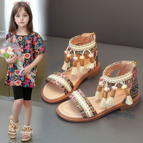MEZZALL Children Roman Sandals With Soft Soles Open Toe Bohemia Ethnic Style For Summer Stylish Adorable Casual Kids Everyday Shoes Solid Color Toddler Footwear