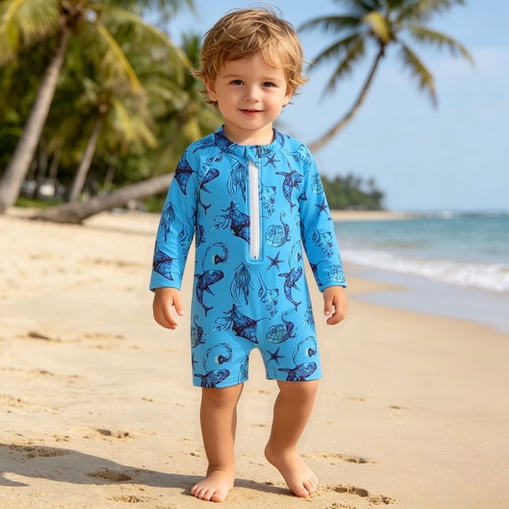 MEZZALL Children Swimsuit Boys Summer Swimwear One-Pieces Monokini Ice Cream Printed Rash Guard Style With Seashell Print Sunny Beach Days Stylish Bathing Suit Beachwear