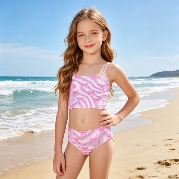 MEZZALL Children Swimsuit Girls Kids Two Piece Striped Bikini Swimwear With Pattern For Beachwear Holiday Summer Flower Print Bathing Suit