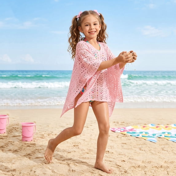 MEZZALL Children Swimsuit Girls Swimwear Cover Up Knit Mesh Beach Poncho Sun Cardigan Hooded Lightweight Leisure Summer Solid Color Beachwear