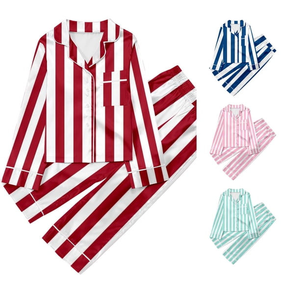 MEZZALL Children's Casual Striped Printed Button Down Lapel Long Sleeve Shirts Tops And Pants Pajamas Sets Holiday Sleepwear