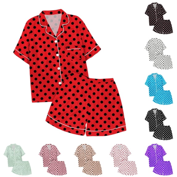 MEZZALL Children's Leisure Polka Dots Printed Button Lapel Collar Short Sleeved Tops Shorts Pajamas Sets Trendy Sleepwear
