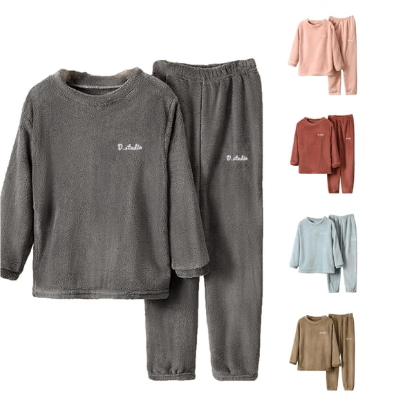 MEZZALL Children's Pajamas Sets Warm Solid Color Boys And Girls Home Wear Soft Fuzzy Homewear O-Neck Long Sleeve Tops Shirts And Pants Birthday Sleepwear