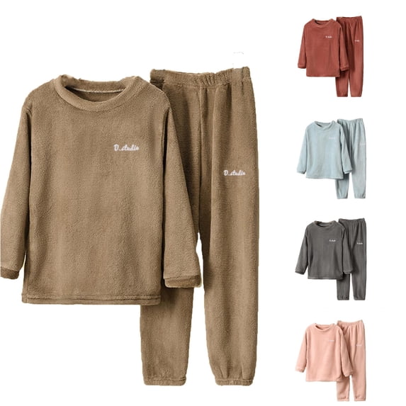 MEZZALL Children's Pajamas Sets Warm Solid Color Boys And Girls Home Wear Soft Fuzzy Homewear O-Neck Long Sleeve Tops Shirts And Pants Comfort Sleepwear