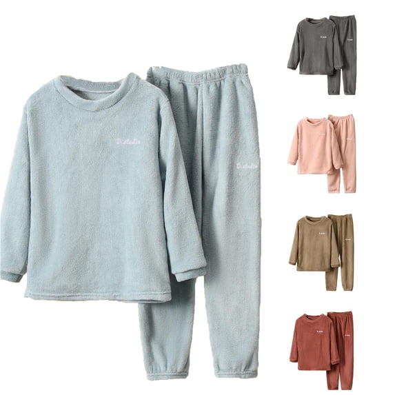 MEZZALL Children's Pajamas Sets Warm Solid Color Boys And Girls Home Wear Soft Fuzzy Homewear O-Neck Long Sleeve Tops Shirts And Pants Holiday Sleepwear