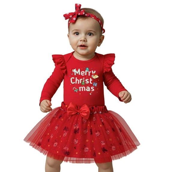 MEZZALL Christmas Baby Girls Outfits Long Sleeve Romper Skirt Hair Accessories Set Holiday Party Dress Toddler Winter Clothes Fashionable Cartoon Clothing