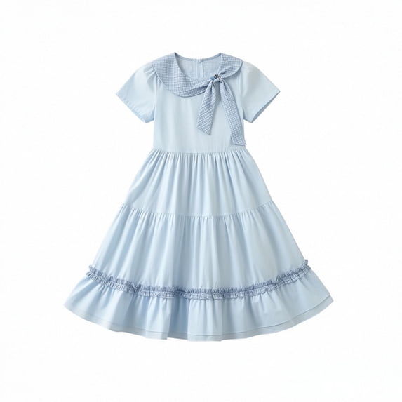 MEZZALL Collar Dress For Little Girls Toddler Kids Summer Casual Party Floral Puff Sleeve Lace Cute Style Ruffle Bow Back Button Soft Cute Dresses