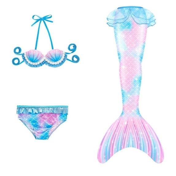 MEZZALL Colorful Children Girls Bikini Sets With Fish Tail Swimsuit Vacation Hawaii Beachwear Girls 3PCS Swimwear, Light Pink, 6-7 Years