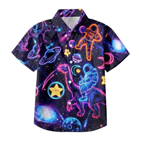 MEZZALL Cool Dinosaur Astronaut Print Boys Button Down Shirt Short Sleeve Open Front Casual Tops For Summer Breathable Toddler Blouses Clothing