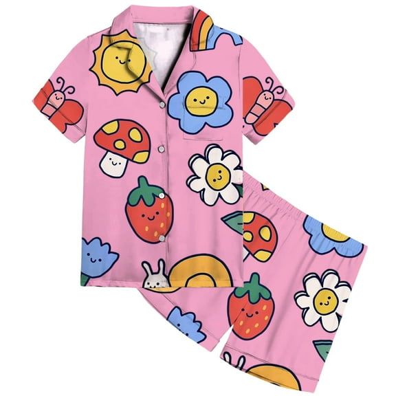 MEZZALL Cozy Cartoon Printed Lapel Shirts Shorts Kids Comfortable Night Outfit Sets With Playful Patterns Short Sleeve Girls Boys Soft Fabric Sleep Children 2-13 Years Stylish Clothes Sets