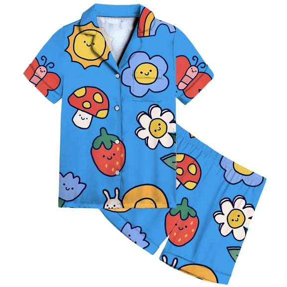 MEZZALL Cozy Cartoon Printed Lapel Shirts Shorts Kids Comfortable Night Outfit Sets With Playful Patterns Short Sleeve Girls Boys Soft Fabric Sleep Children 2-13 Years Relaxed Fit Clothes Sets