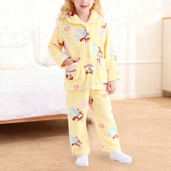 MEZZALL Cozy Flannel Long Sleeve Outfit Sets For Girls Cute Cartoon Print Kids Sleep O-Neck Tops Pants Leisure Cold Weather Autumn Winter Nightwear Outfits Cute Clothing Sets