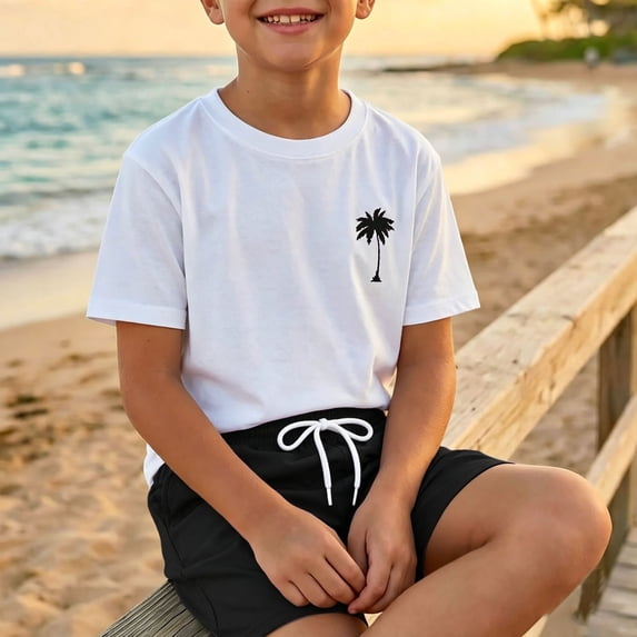 MEZZALL Cute Boys O-Neck Short Sleeve Tee And Shorts Coconut Tree Print Summer Outfit For Toddler And Kids Versatile Clothes Sets