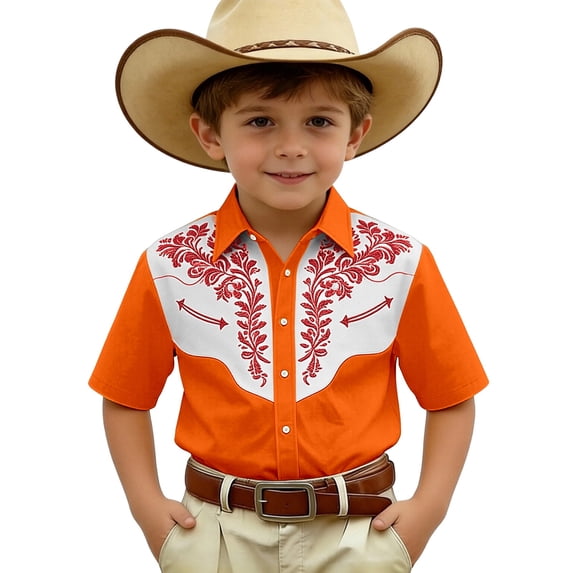 MEZZALL Denim Short Sleeve Shirt For Kids Boys Casual Flower Printed Western Style Tops With Button Front Adorable Toddler Blouses Clothing