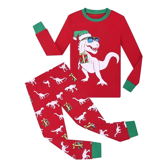 MEZZALL Dinosaur Print Pajamas Sets For Kids Festive Holiday Family Matching Sleepwear Cozy Soft Flannel Two Piece Night Crew Neck Long Sleeve Tops And Pants Relaxed Fit Nightwear