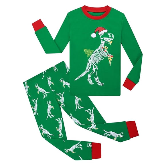 MEZZALL Dinosaur Print Pajamas Sets For Kids Festive Holiday Sleepwear Cozy Soft Flannel Two Piece Night Crew Neck Long Sleeve Tops And Pants For Toddlers Boys And Girls Breathable Nightwear