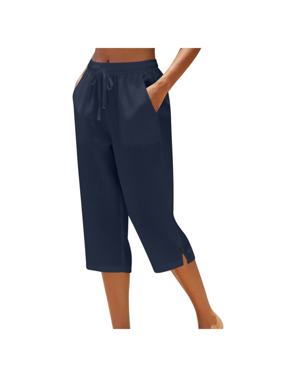 Drawstring Waist Linen Capri Pants for Women Solid Color Decorative Button Split Hem Lightweight Beach Bottoms