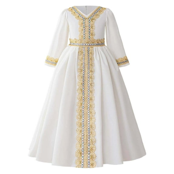 MEZZALL Dresses Elegant Embroidered Belted Robe Dress Girls Traditional Abaya Gown With Lace Trim Party Wear Cozy Short Sleeve Crew Neck Solid Color Child Sundress