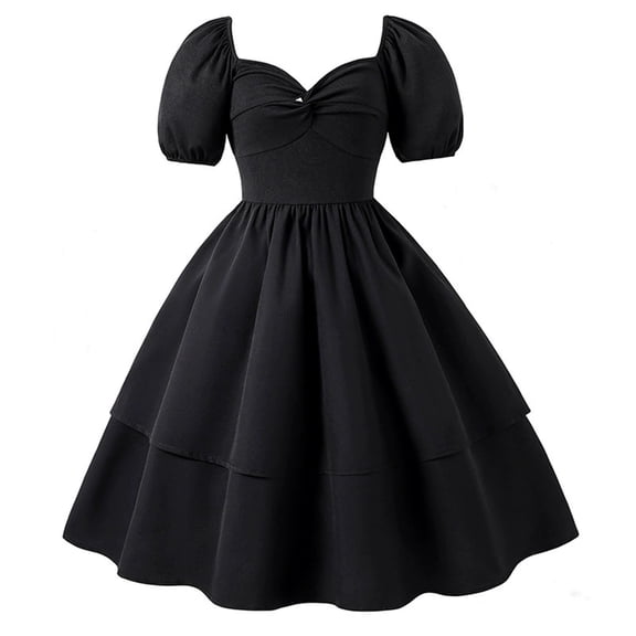 MEZZALL Dresses Elegant Girls Heart Neckline Sleeve Little Black Dress Summer Party Formal Gown Cute Kids Crew Neck Solid Color Child Sundress