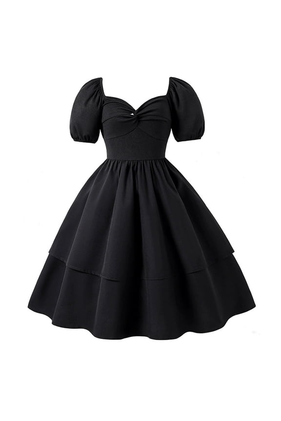 Dresses Elegant Girls Heart Neckline Sleeve Little Black Dress Summer Party Formal Gown Versatile Kids Crew Neck Solid Color Child Sundress