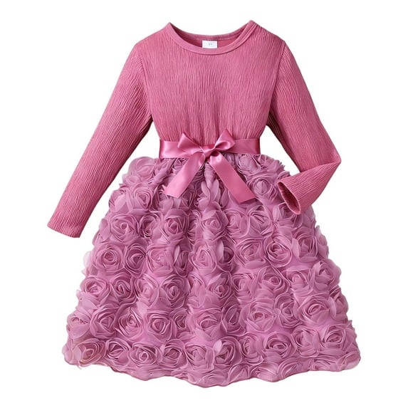 MEZZALL Dresses Elegant Girls Solid Color Dress With Rose Pattern Floral Design Daily Wear Leisure Short Sleeve Crew Neck Child Party Sundress