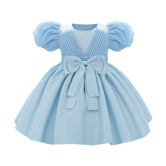 MEZZALL Dresses Elegant Satin Bow Dress For Baby Girls Birthday Party Gown Comfort Short Sleeve Crew Neck Solid Color Child Sundress
