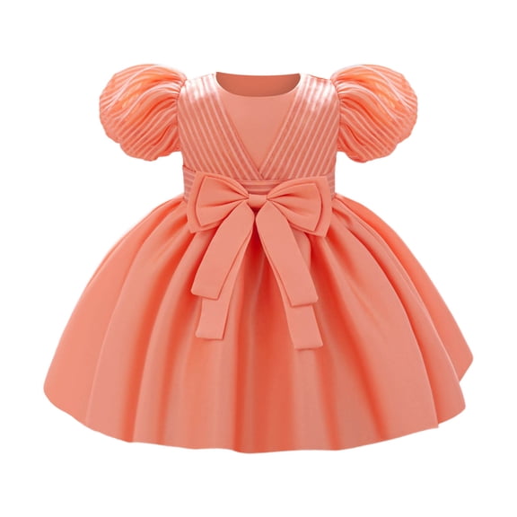 MEZZALL Dresses Elegant Satin Bow Dress For Baby Girls Birthday Party Gown Cute Short Sleeve Crew Neck Solid Color Child Sundress