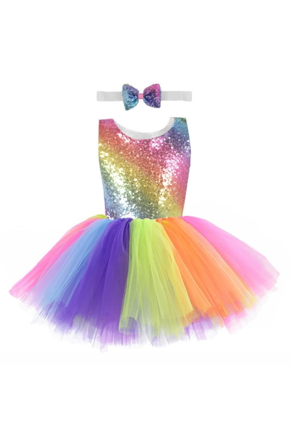 Dresses Enchanting Girls Dress Backless Party Gown With Rainbow Sequins Birthday Carnival Breathable Short Sleeve Crew Neck Solid Color Child Sundress