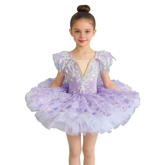 MEZZALL Dresses Girls Ballet Tutu Dance Dress For Stage Performances With Flowy Skirt And Bodice Versatile Fly Sleeve Crew Neck Solid Color Child Party Sundress