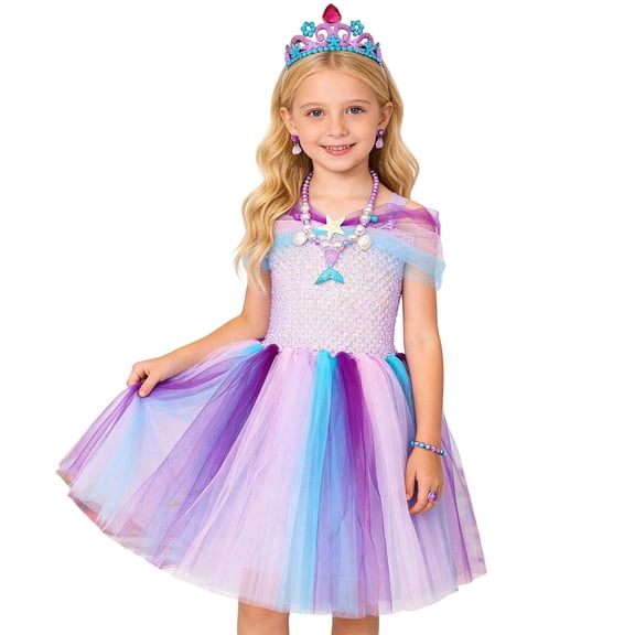 MEZZALL Dresses Girls Dress Party Performance Sparkly Tutu Fairy Formal Occasion Wear Holiday Short Sleeve Crew Neck Solid Color Child Sundress
