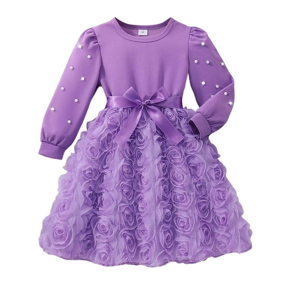 MEZZALL Dresses Girls Long Sleeve Dress With 3D Floral Pearl Elegant Solid Color Party Dress For Toddler Kids Cozy Child Crew Neck Solid Color Sundress