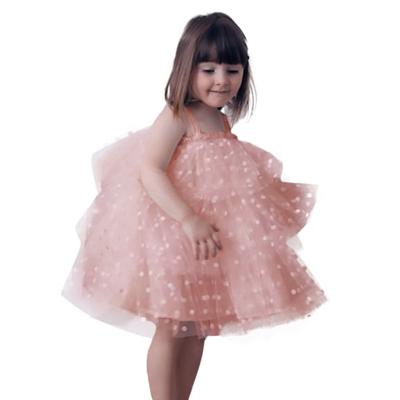 MEZZALL Dresses Girls Polka Tiered Dress Tutu Party Gown Strapless Sleeveless Formal Occasion Outfit Leisure Kids Crew Neck Solid Color Child Sundress