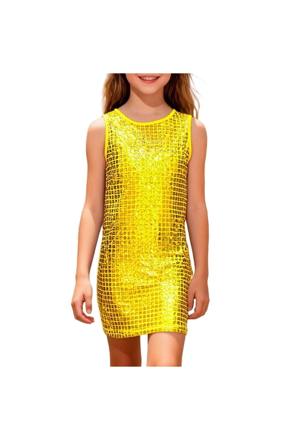 Dresses Girls Square Grid Sequin Print Sleeveless Tank Casual Party Dress Breathable Kids Crew Neck Solid Color Child Sundress