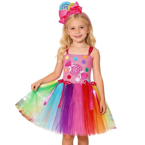 MEZZALL Dresses Rainbow Candy Girls Dress Party Performance Tutu Skirt With For Children Lovely Short Sleeve Crew Neck Solid Color Sundress