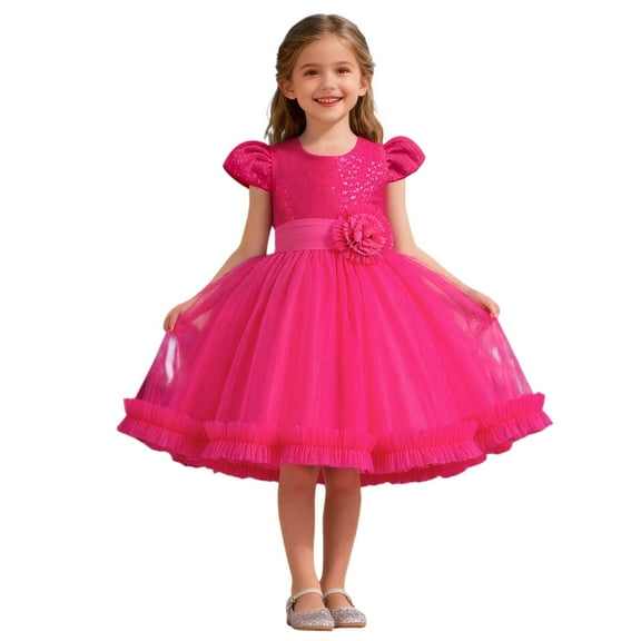 MEZZALL Dresses Sparkly Floral Party Dress Girls Short Sleeve Tutu Dress With Glitter Embellishments Celebrations Breathable Kids Crew Neck Solid Color Child Sundress