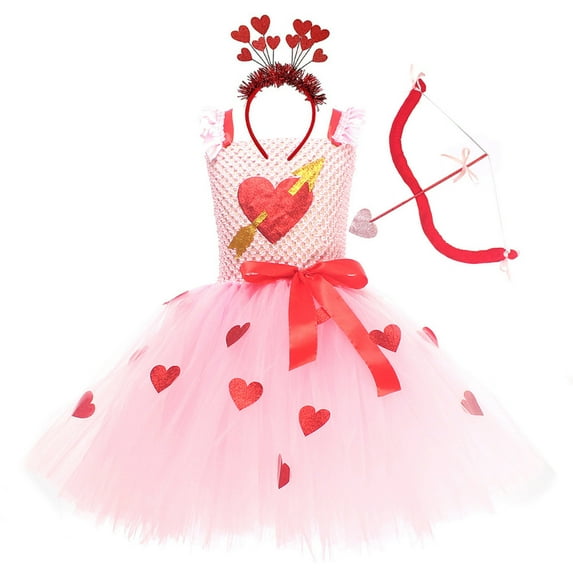 MEZZALL Dresses Valentine's Day Girls Love Heart Dress For School Party Performance Holiday Celebration Comfort Fly Sleeve Crew Neck Solid Color Child Sundress