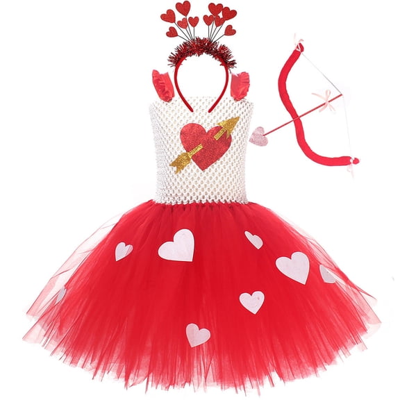 MEZZALL Dresses Valentine's Day Girls Love Heart Dress For School Party Performance Holiday Celebration Holiday Fly Sleeve Crew Neck Solid Color Child Sundress