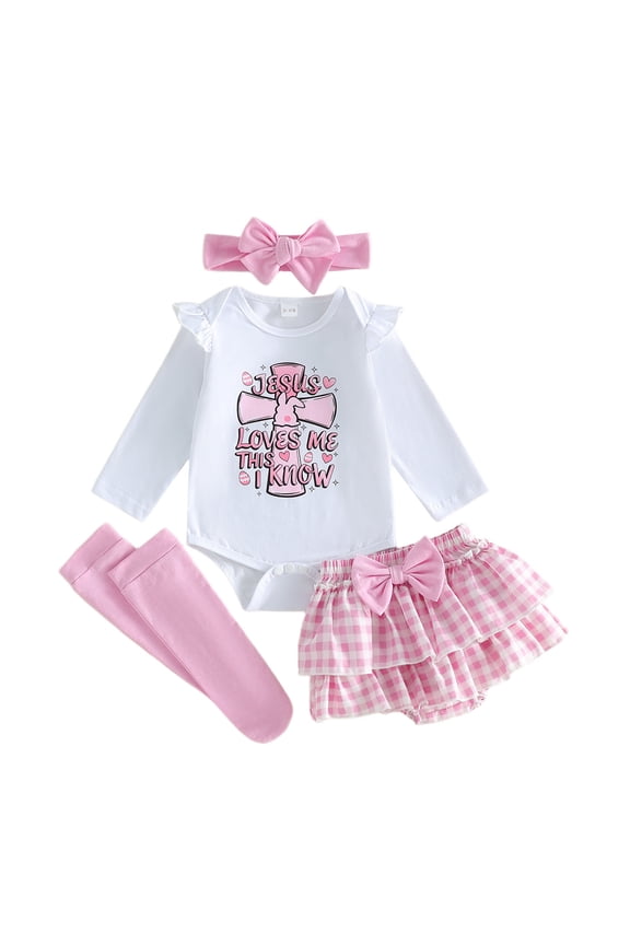Easter Baby Girl Outfit Sets Long Sleeve Romper Print Plaid Tiered Dress With Headband And Socks Four Piece Coordinated Ensemble Versatile Kids Outfit Sets Everyday Wear