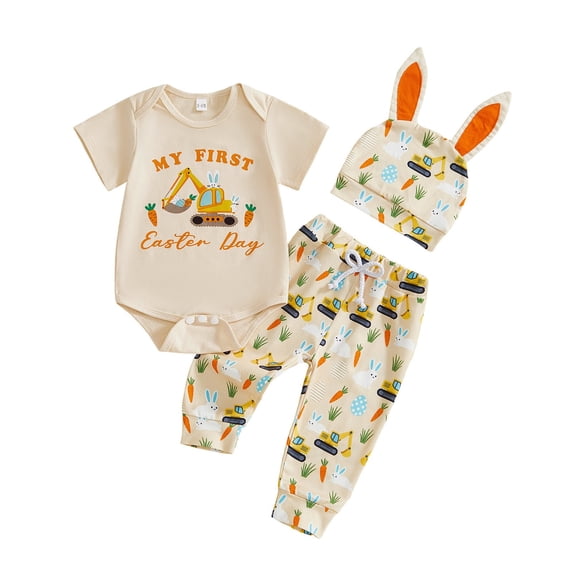 MEZZALL Easter Baby Girl Outfits 3 Piece Bunny Hats Letter Print Short Sleeve O-Neck Romper And Pants Toddler Holiday Photo Clothes Sets