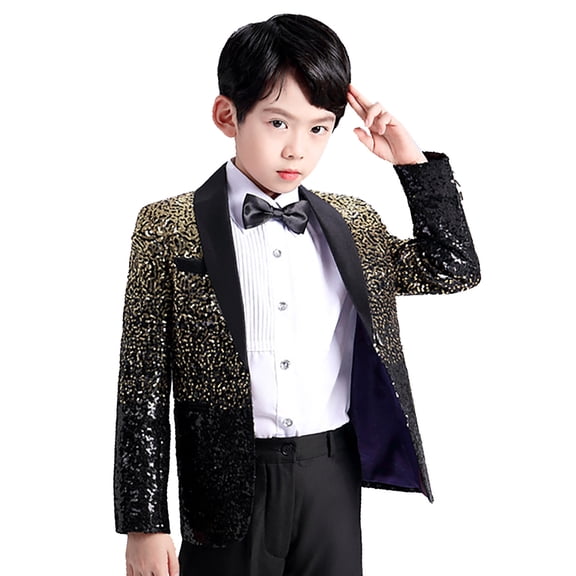 MEZZALL Elegant Boys Shimmering Suit Jacket With Black Bow Tie Formal Wear For Weddings Parties And Special Events Breathable Toddler Dailywear, Gold, 4-5 Years