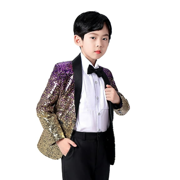 MEZZALL Elegant Boys Shimmering Suit Jacket With Black Bow Tie Formal Wear For Weddings Parties And Special Events Lovely Toddler Dailywear, Purple, 9-12 Years