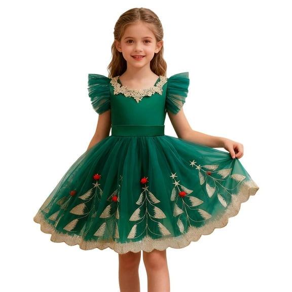 MEZZALL Elegant Party Dress For Girls Holiday Celebration Gown Formal Evening Attire Festive Green Tutu Outfit Wear Toddler Kid Child Youth Long Sleeve O-Neck Festival Sundress Comfort