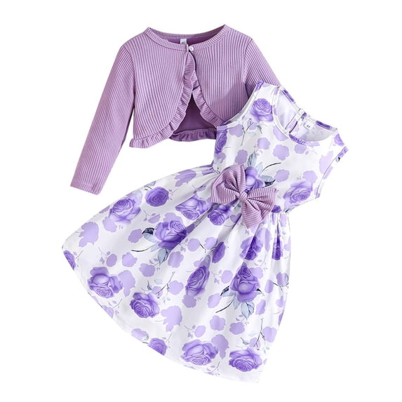 MEZZALL Fall Floral Sleeveless Dress With Solid Color Cardigan Outfits For Girls Toddler Two Piece Festive Casual Outfit Sets Kids Holiday Gatherings