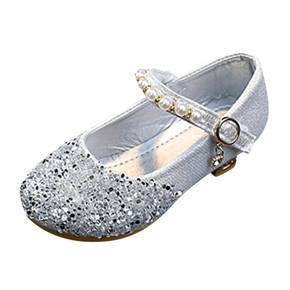 MEZZALL Fashion Summer Children Sandals Girls Casual Shoes Low Heel Buckle Shiny Pearl Sequins Dress Dance Shoes Cute Toddler Footwear, Silver, 6-7 Years