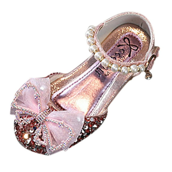 MEZZALL Fashion Summer Girls Sandals Dress Performance Dance Shoes Flat Light Sequins Pearl Mesh Bow Buckle Cozy Footwear, Pink, 15-18 Months