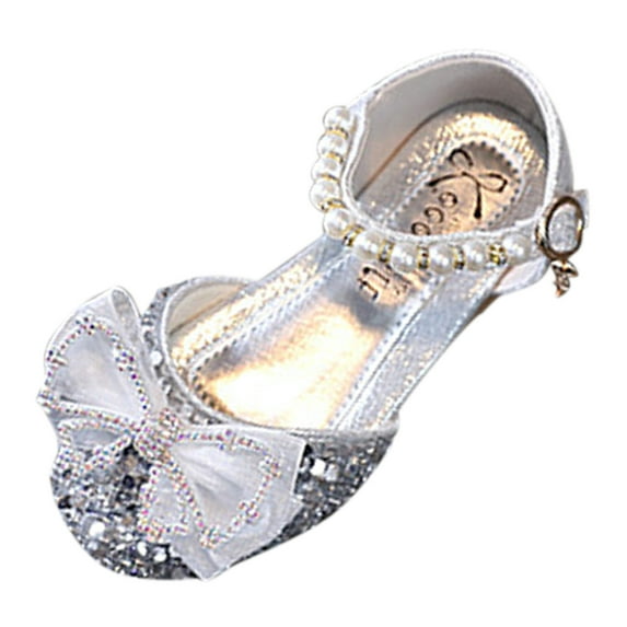 MEZZALL Fashion Summer Girls Sandals Dress Performance Dance Shoes Flat Light Sequins Pearl Mesh Bow Buckle Cute Toddler Footwear, Silver, 11-11.5 Years
