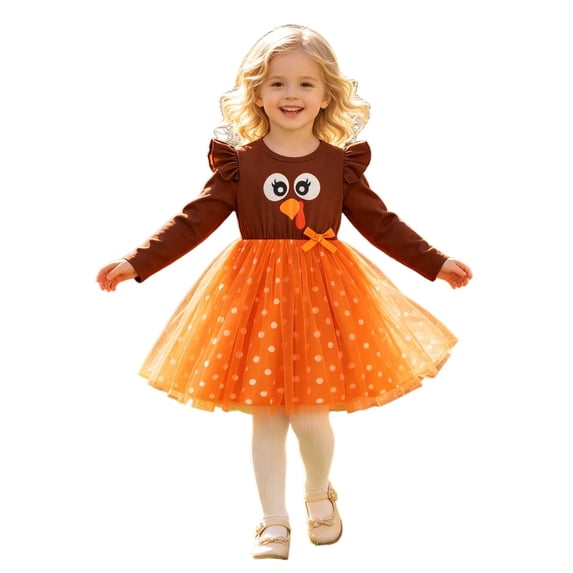 MEZZALL Festive Girl Dress With Thanksgiving Turkey Theme Long Sleeve Party Dress For Holiday Two Tone Mesh Dress With Polka Girls Cozy Dresses